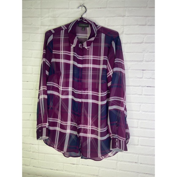 Lane Bryant Plus Size Womens 14 16 Plaid Sheer Button Up Split Back Blouse Top - Picture 1 of 8